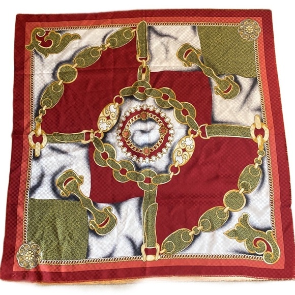 NWT Nordstrom made in Italy red green gold large square 35x35 wrap scarf shawl - Picture 2 of 7